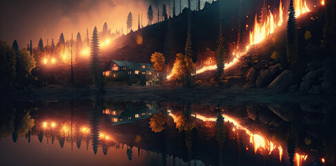 forest fire disaster at night burning trees and houses. Generative AI