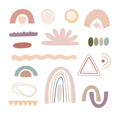 Boho style abstract shapes set, simple hand drawn art objects vector illustration in trendy pastel colors, minimalist collection perfect for making cards, banners, modern posters, textile, papercraft