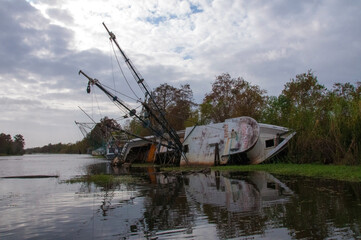 NEW ORLEANS, LOUISIANA - NOVEMBER 26, 2011:  Upside down and flooded during Hurricane Sandy yacht ...