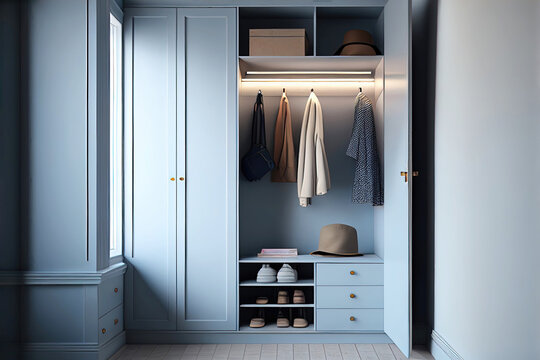 Interior of modern extremely tidy closet as digital interior design illustration (Generative AI)