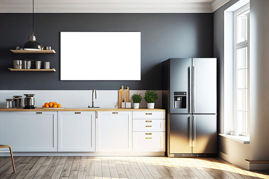 Modern bright minimalist kitchen as interior design illustration and white empty picture frame for mock-up for poster design (Generative AI)