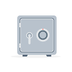 Security metal safe for banknotes, ingots and gold coins. Closed safe box with money and bars. Cash protection. Icon for web, games, apps. Vector illustration isolated on white background.