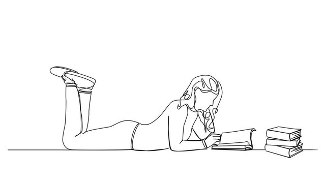 animated continuous single line drawing of woman on floor in prone position reading a book, line art animation