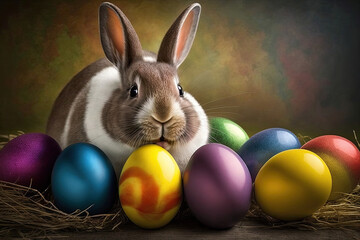 Fototapeta na wymiar Happy Easter Bunny with many colorful easter eggs , generative artificial intelligence