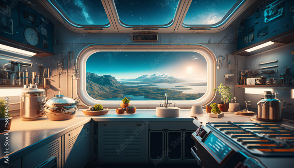 Canvas Prints kitchen in space station with a view into space - space wallpaper - generative ai
