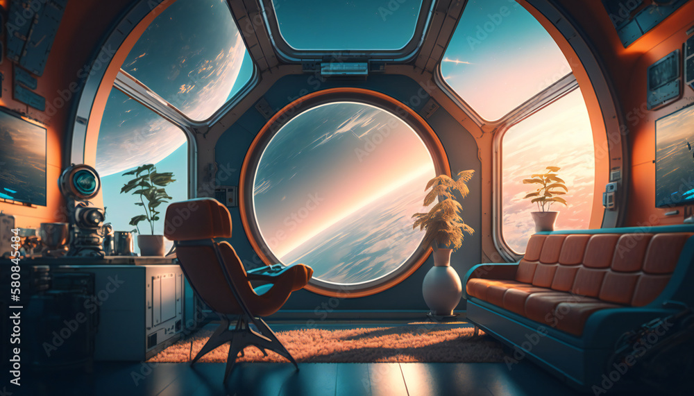 Wall mural office in space station with a view into space - space wallpaper - generative ai