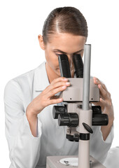 Female Scientist , Researcher , Doctor Using Microscope