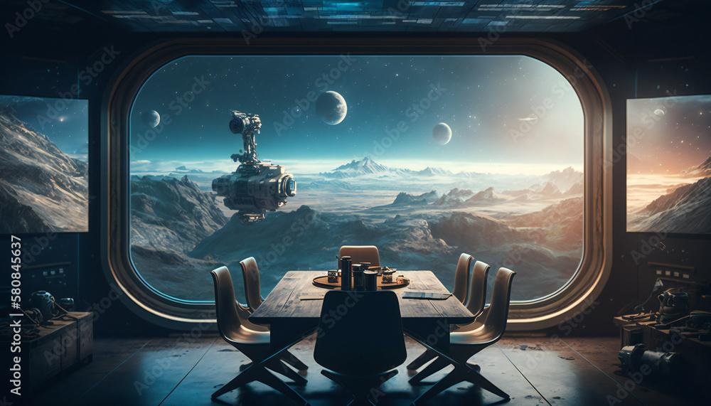 Canvas Prints meeting room in space station with a view into space - space wallpaper - generative ai