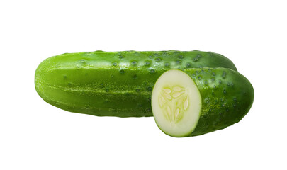 One big whole cucumber and small half cut isolated on transparent background. Vegetable composition for organic food packaging, cafe menu layout design. Health dietary product. Culinary blog element