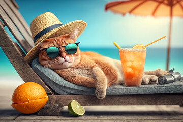 Funny cat in sunglasses and hat on sea beach, ginger pet relaxes on vacation, generative AI