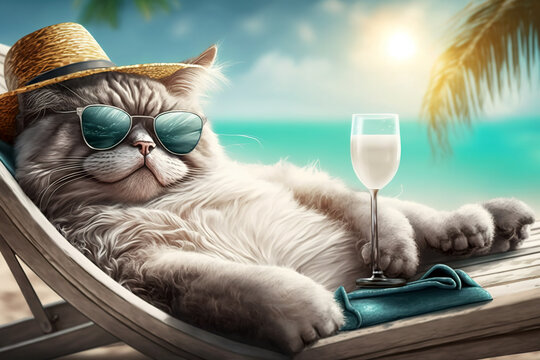 Cat in sunglasses holds glass of milk on sea beach, pet relaxes on vacation, generative AI.