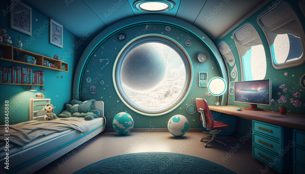 Wall mural nursery in space station with a view into space - space wallpaper - generative ai