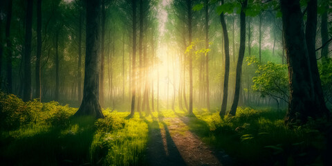 spring forest trees. nature green wood sunlight backgrounds. Generative ai