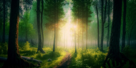 Fototapeta na wymiar spring forest trees. nature green wood sunlight backgrounds. Generative ai
