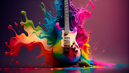 Obraz na płótnie Canvas Electric guitar with rainbow paint energetic explosion, is not based on any original image, character or person. Generative Ai
