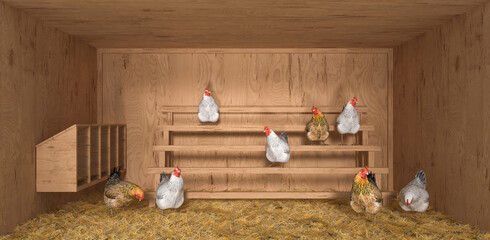 chicken coop with hens made of new wood lined with hay © zeleniy9