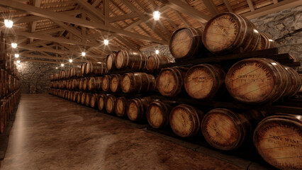 many wine barrels in a cellar with stone walls