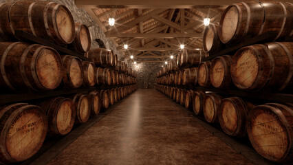 many wine barrels in a cellar with stone walls