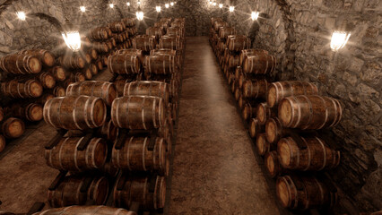 many wine barrels in a cellar with stone walls