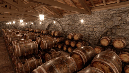 many wine barrels in a cellar with stone walls