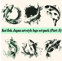 Mega collection set-pack Vector Koi fish Japan art-style logo and icon, Drawing Elegant style