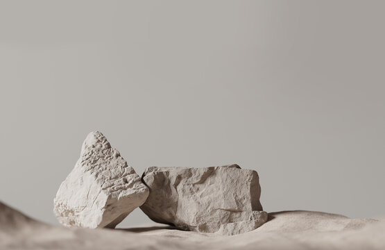 3D background. Podium, stone display. Beige luxury backdrop with desert sand. Minimal pedestal for beauty, cosmetic product presentation. Dune mockup with sun shadow. Summer template, studio 3d render