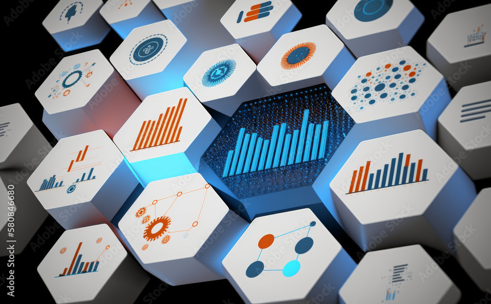Poster with graph & chart icons on 3d hexagonal grid, abstract picture of kpi, metrics, information dashboa