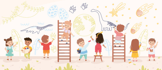 Cute Children Drawing on the Wall with Chalks and Crayon Vector Illustration