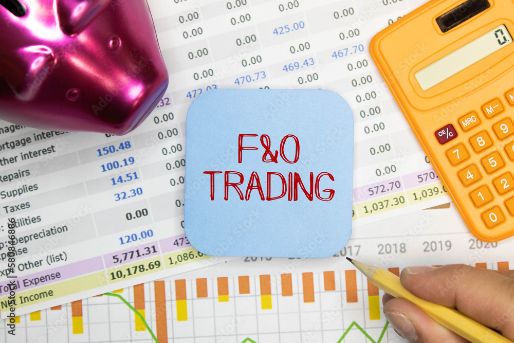 Poster f and o future and option trading inscription on notepad with calculator