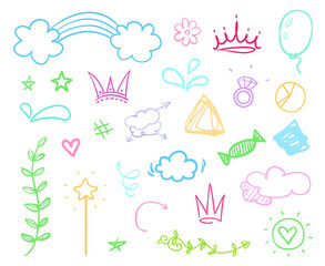 Multicolored infographic elements on isolation background. Set of different indicator signs. Tangled backdrops. Hand drawn simple objects. Line art. Abstract circles, arrows and rectangles