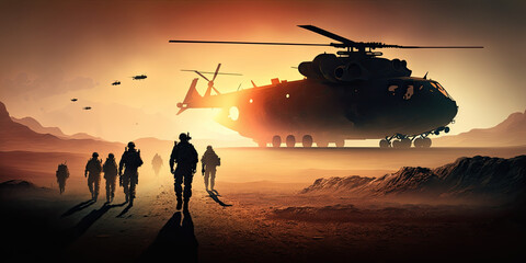 Fototapeta na wymiar Military soldiers in the air with parachute in dust at desert, generative artificial intelligence