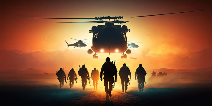 Military soldiers in the air with parachute in dust at desert, generative artificial intelligence