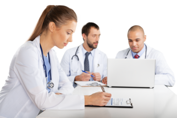 Portrait of Doctors Looking at Laptop and Writing on Clipboard