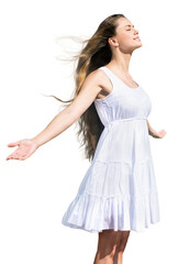 Young woman with long waving hair isolated on white