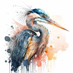 Foto op Plexiglas Watercolor blue heron painting. Realistic bird illustration. Created with Generative AI technology. © Iryna