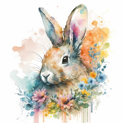 Watercolor cute Easter bunny and colorful flowers painting. Realistic wild animal illustration. Created with Generative AI technology.