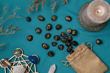 Set of rune stones for divination and fortune telling. Mystic still life with labradorite runes....