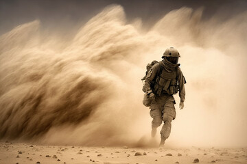 Naklejka premium Military soldiers in the air with parachute in dust at desert, generative artificial intelligence
