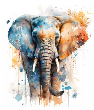 Watercolor colorful elephant painting. Realistic wild animal illustration. Created with Generative AI technology.
