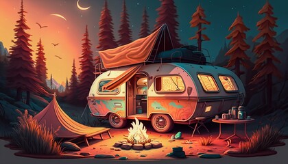 Recreational rv camping on open landscape forest mountains, campfire. Generative AI