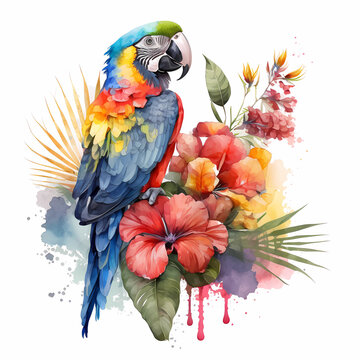 Watercolor Ara parrot and flowers colorful painting. Realistic tropical bird illustration. Created with Generative AI technology.