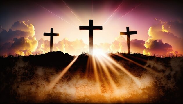 Three crosses backlight religious image. Generative AI