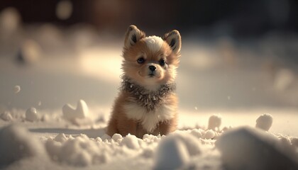 Obraz premium Tiny cute animals in snow - Dog- Photorealistic , generative AI 