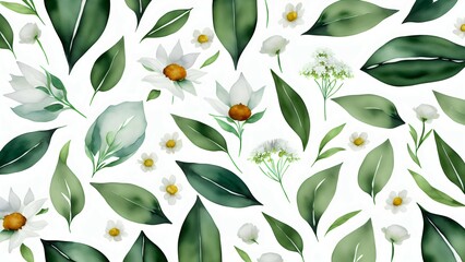Leaves on white empty isolated background. Wallpaper with watercolour elements. Generative AI
