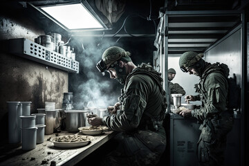 modern military canteen tent in the battlefield camouflag, generative artificial intelligence
