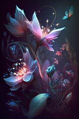 Magic flowers on dark background. Generative AI