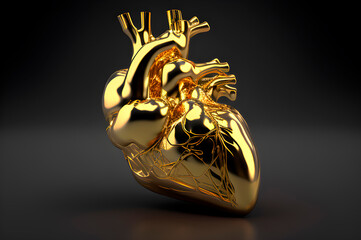 golden human heart, anatomically shaped heart made of gold or yellow metal, generative ai