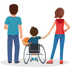 Dad and mom with their son who is sitting in the wheelchair and holding a basketball on a white background. Vector illustration of people.