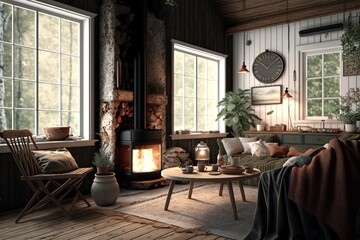 Hygge comfortable warm room in Norwegian house with fireplace, AI generative