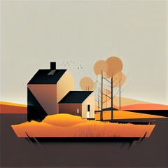 Fototapeta na wymiar House in plane, steppe in Autumn, minimalistic modern illustration, AI generative.